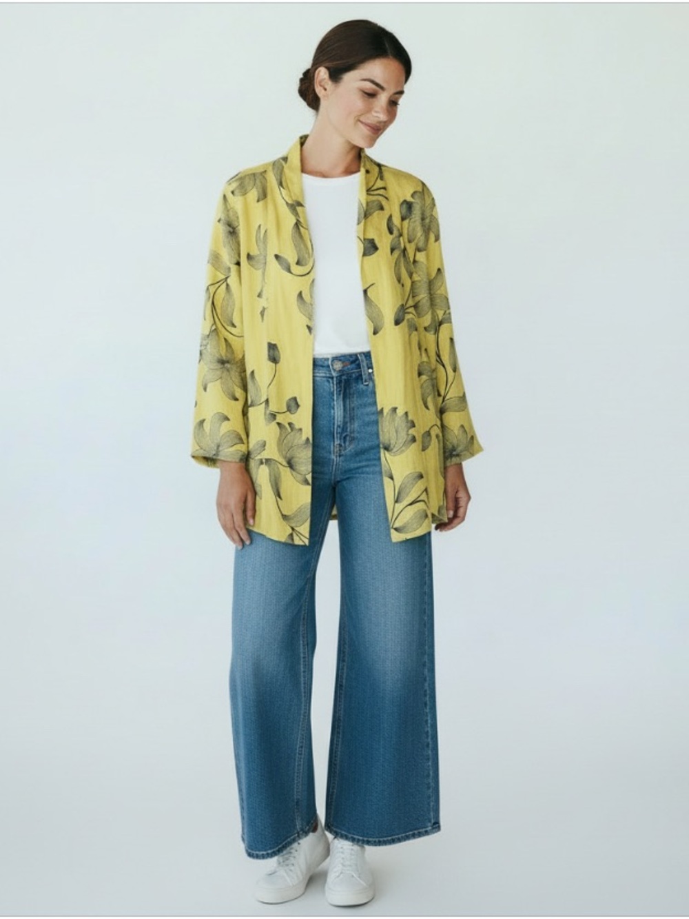 Bella Umbra Linen Yellow Floral Open Blazer Jacket Tab Sleeve Sz M Made In Italy